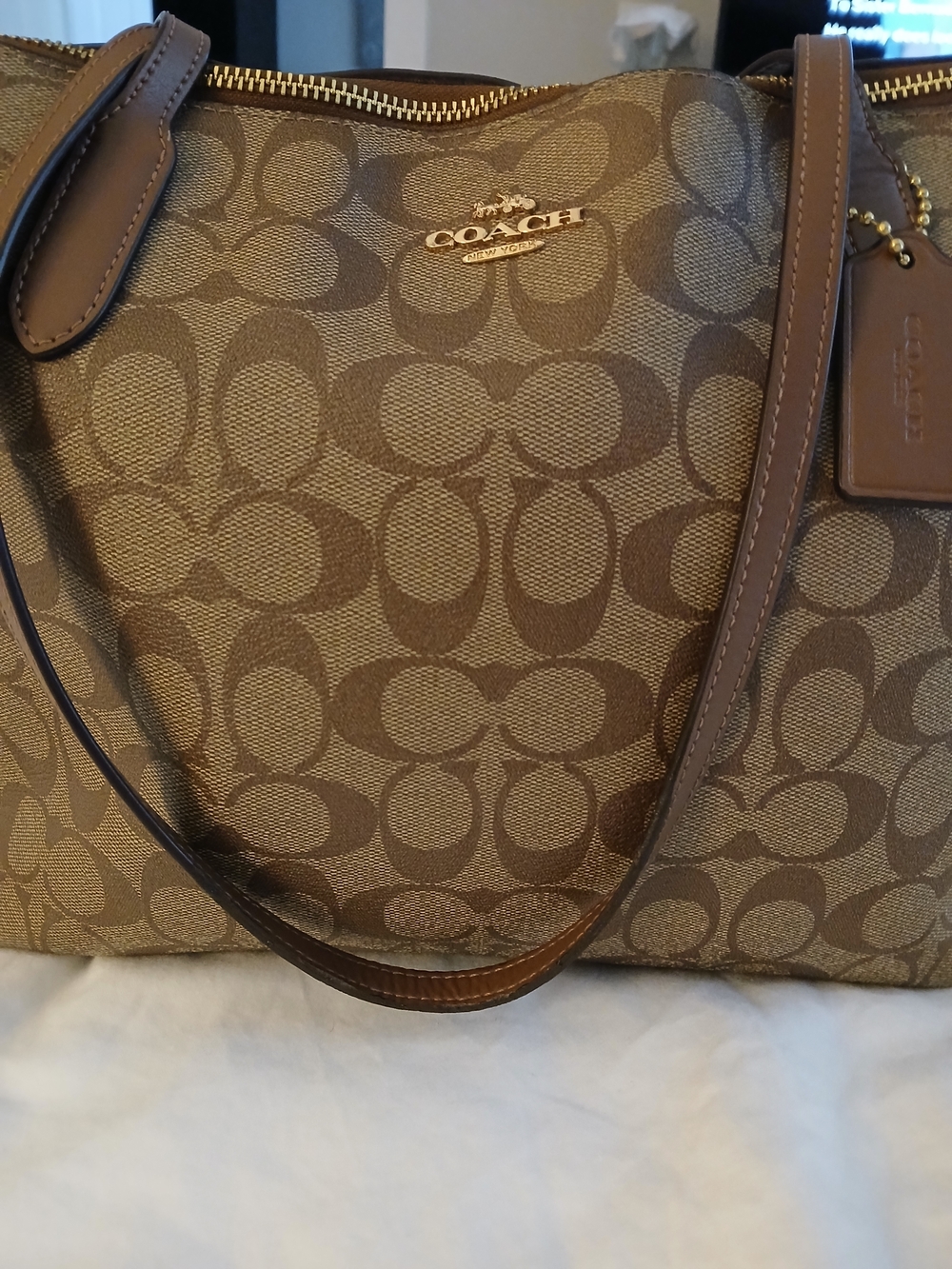 Coach Brown Signature Canvas Tote with Leather Trim